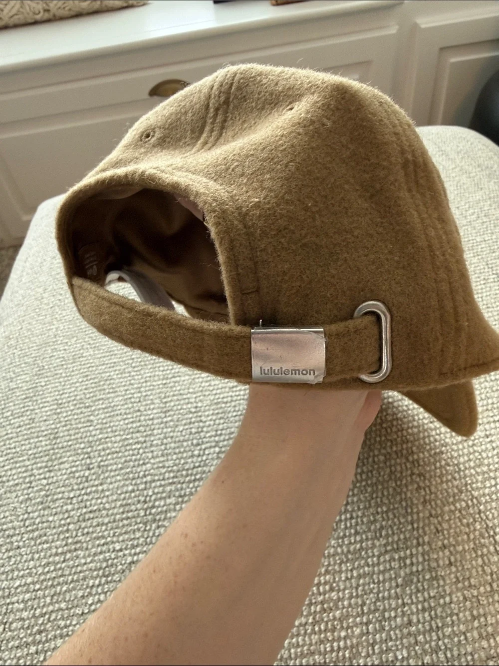 lululemon athletica tan brown wool cap with metal logo clasp